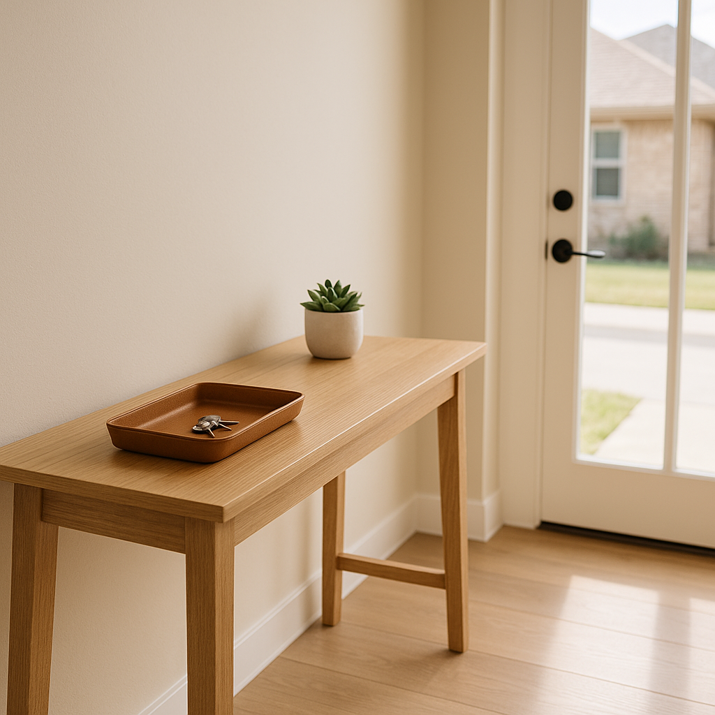 Minimalist entryway with organized console table in natural light