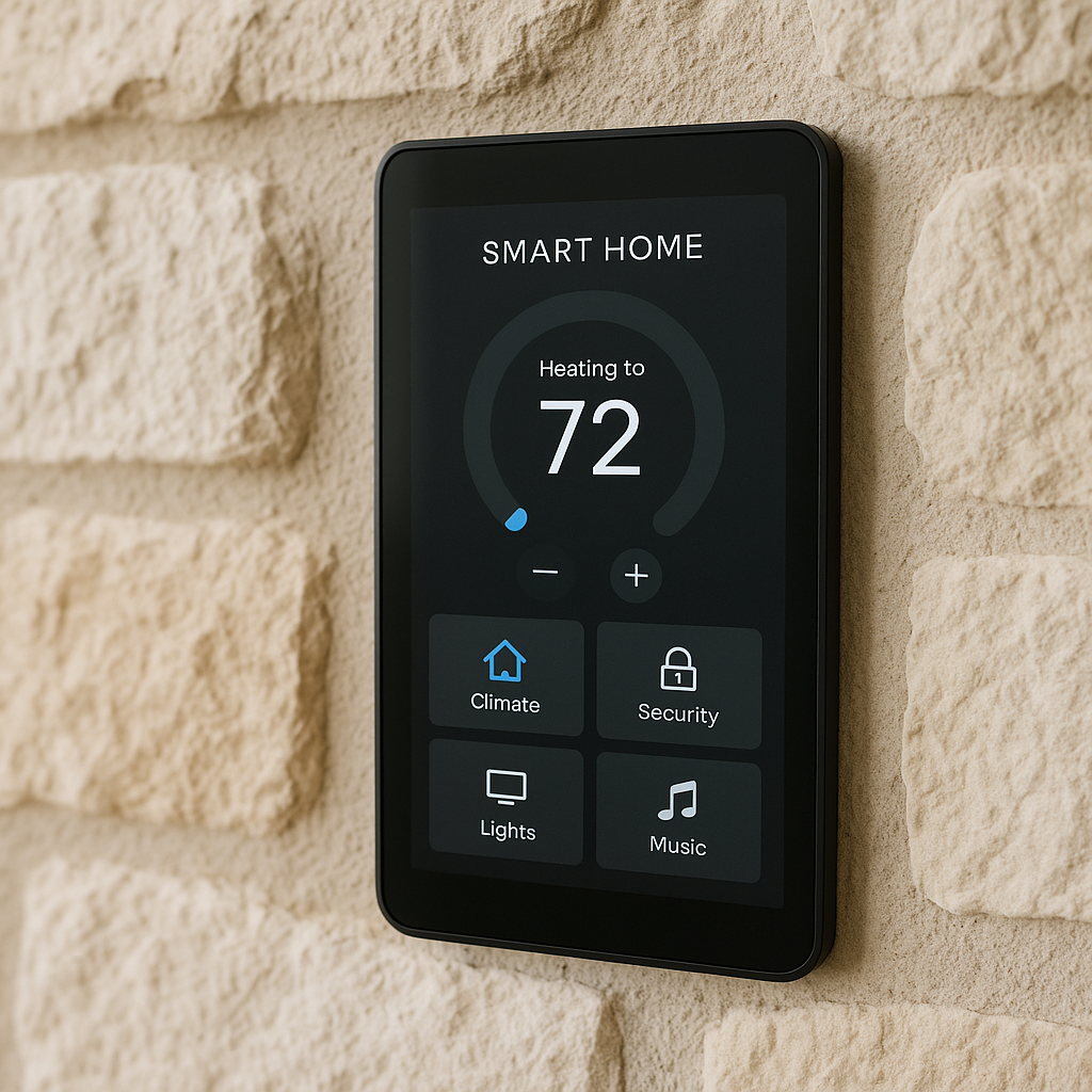 Smart home touchscreen thermostat on limestone wall