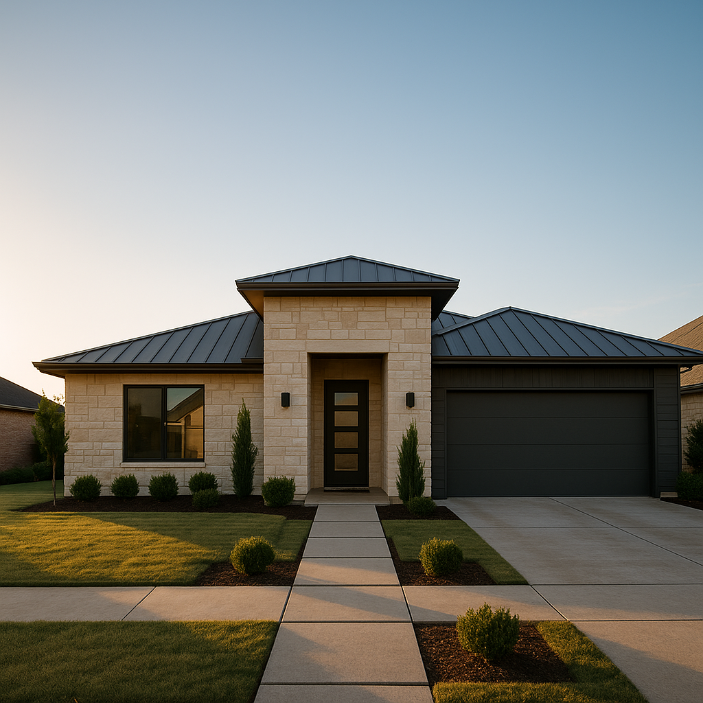 Wide-angle view of a modern Texas home in Amarillo with limestone and steel design, highlighting calm upscale residential landscaping during golden hour