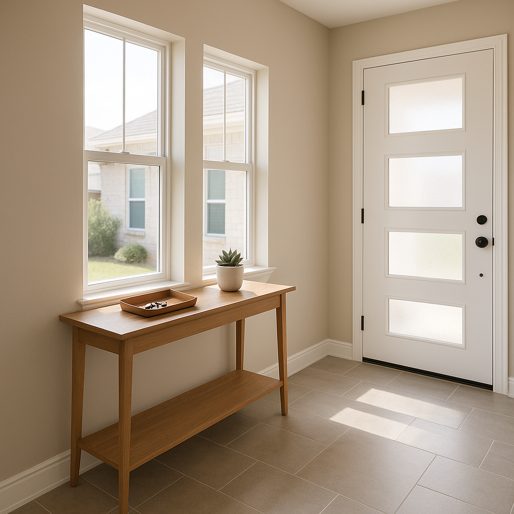 Minimalist sunlit entryway in a modern Texas home