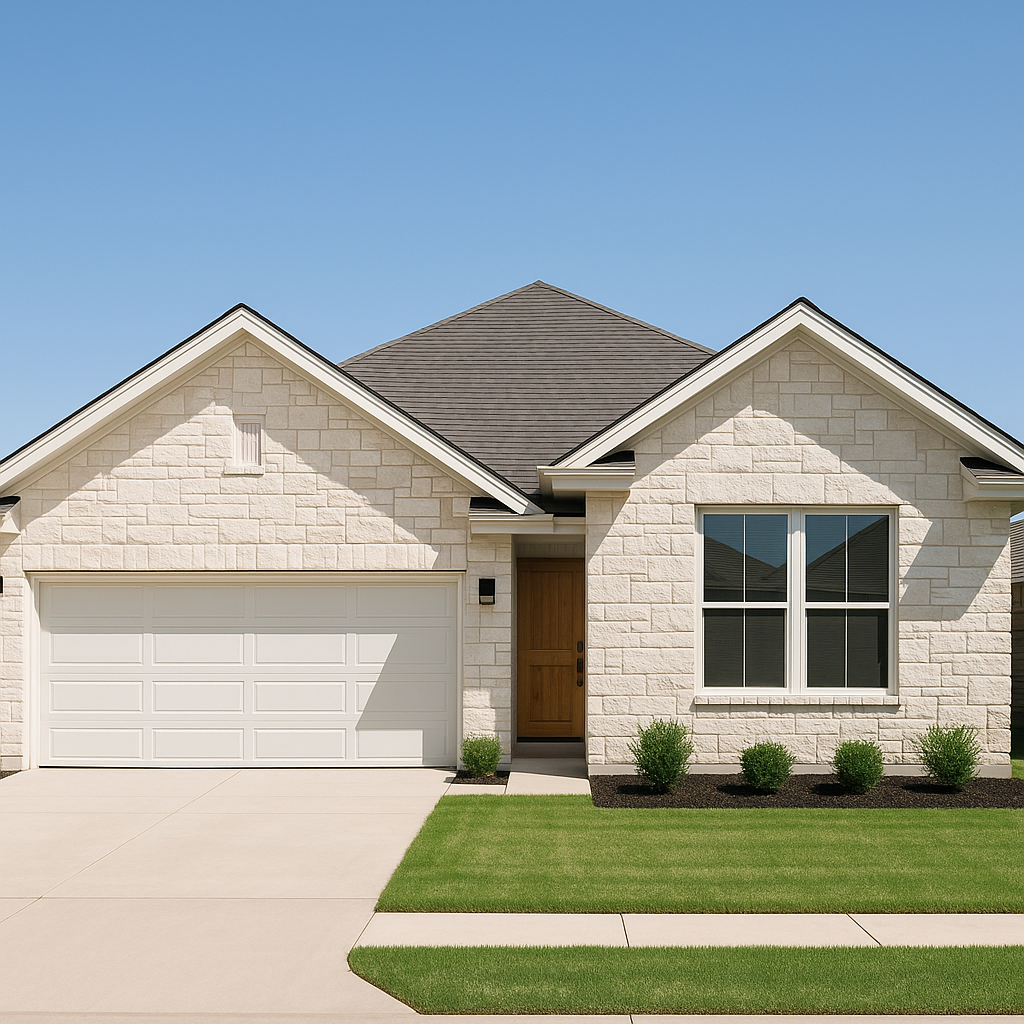 Wide-angle view of a Texas Panhandle rental home with limestone facade and white oak accents in Amarillo real estate investing