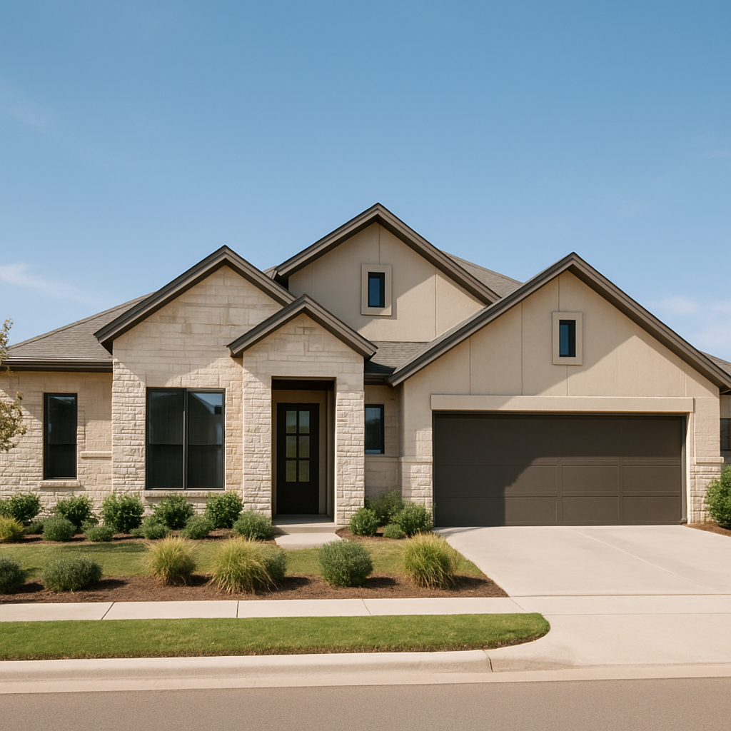 Wide-angle view of a modern Amarillo home with limestone facade and native landscaping, illustrating local real estate market appeal