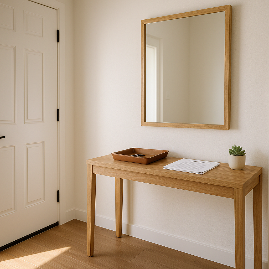Sunlit home entryway with organized documents and keys