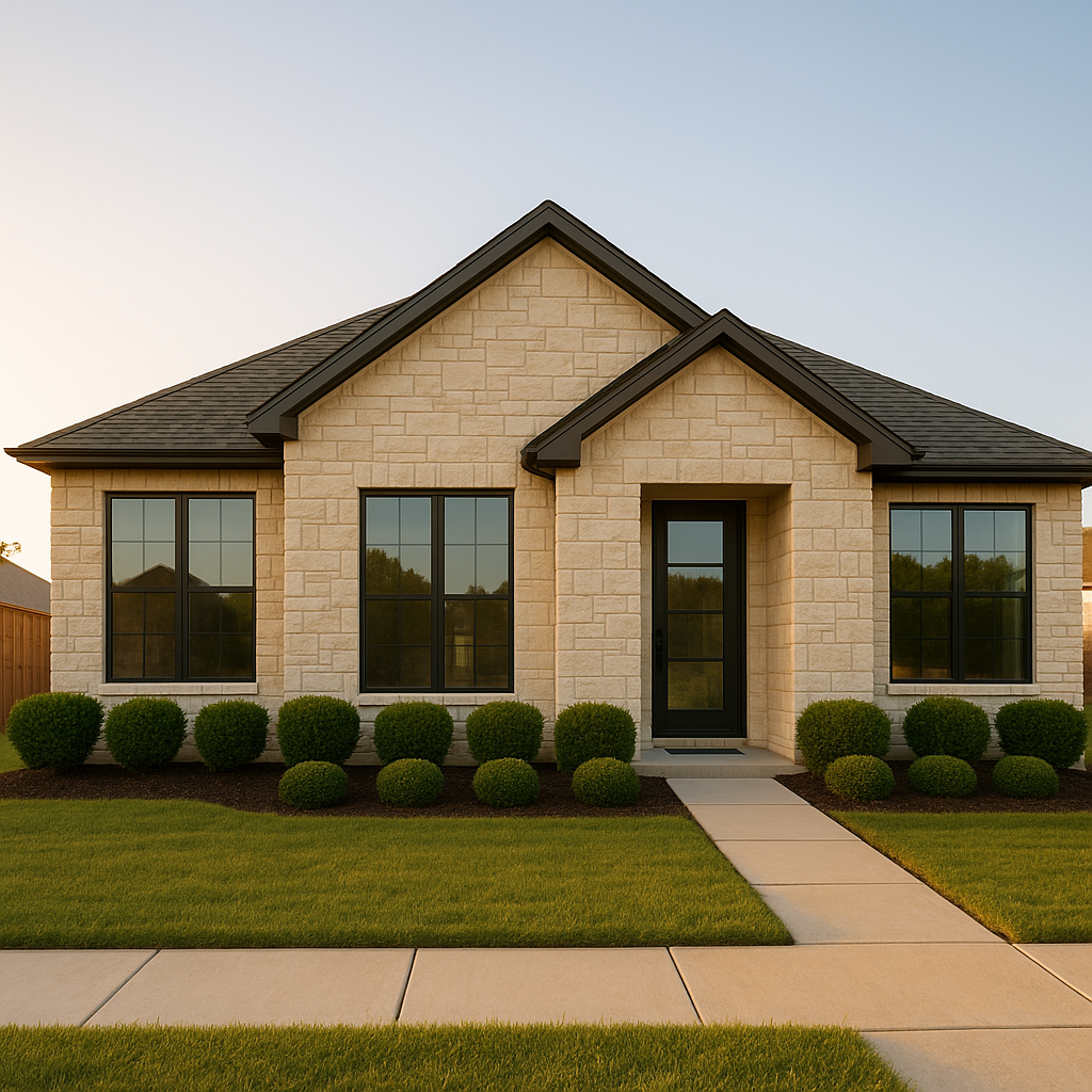 Wide-angle view of a modern Texas home with light limestone, large glass windows, and symmetrical landscaping highlighting move-in flow design