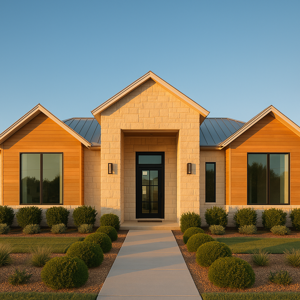 Wide-angle view of a modern Texas rental property with limestone facade and manicured landscaping under a clear blue sky during golden hour