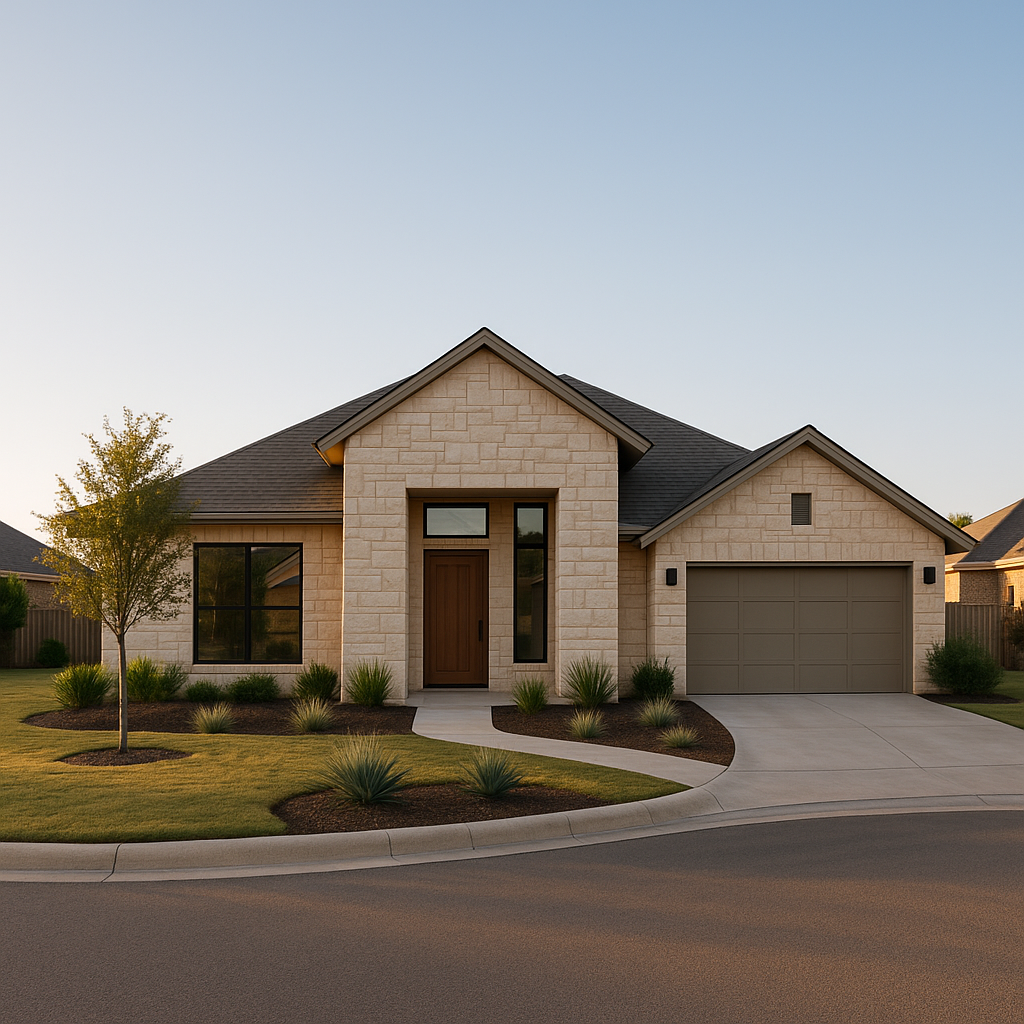 Wide-angle view of a modern Texas Panhandle family home with limestone and glass, surrounded by native landscaping on a quiet cul-de-sac