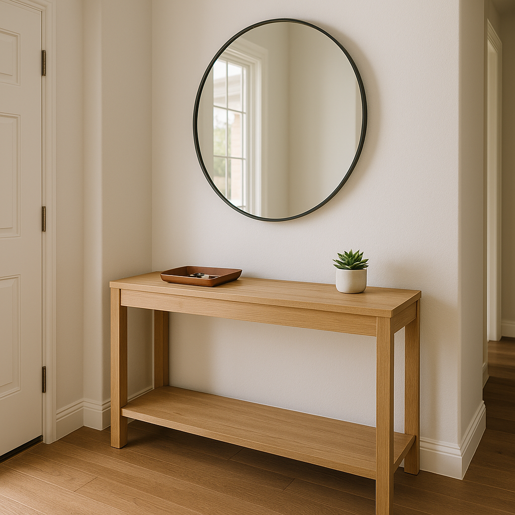 Sunlit minimalist entryway with organized console table for daily routine