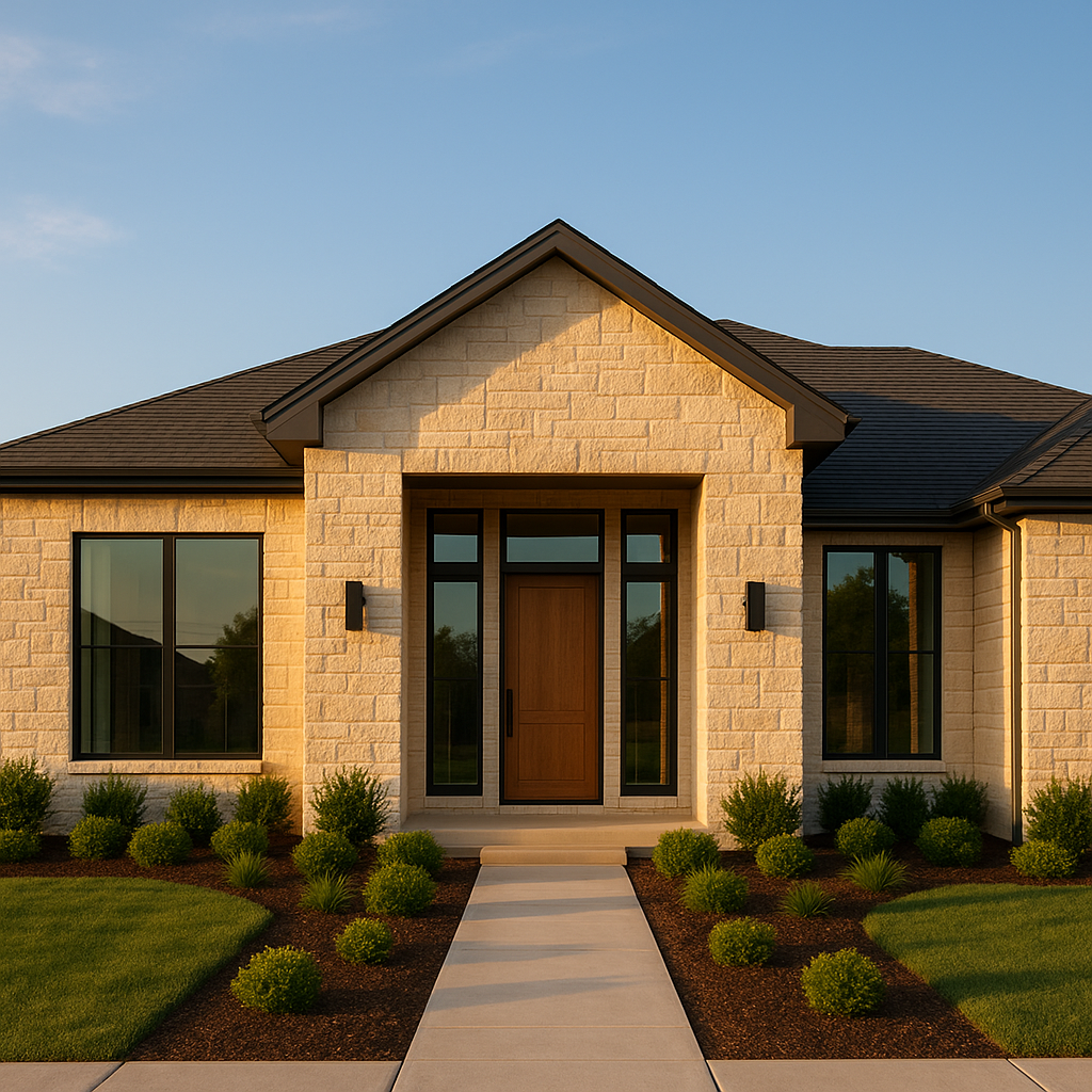 Wide-angle view of a modern Texas Panhandle home in Amarillo with limestone siding and large glass windows highlighting curb appeal during golden hour
