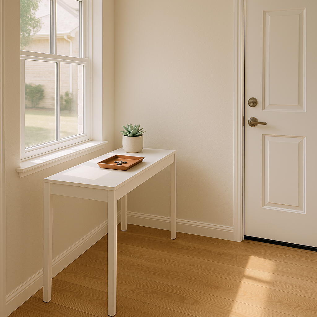 Minimalist, sunlit entryway with console table and warm wood floors
