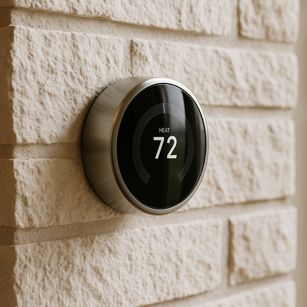 Smart-home thermostat on limestone wall in modern Texas home