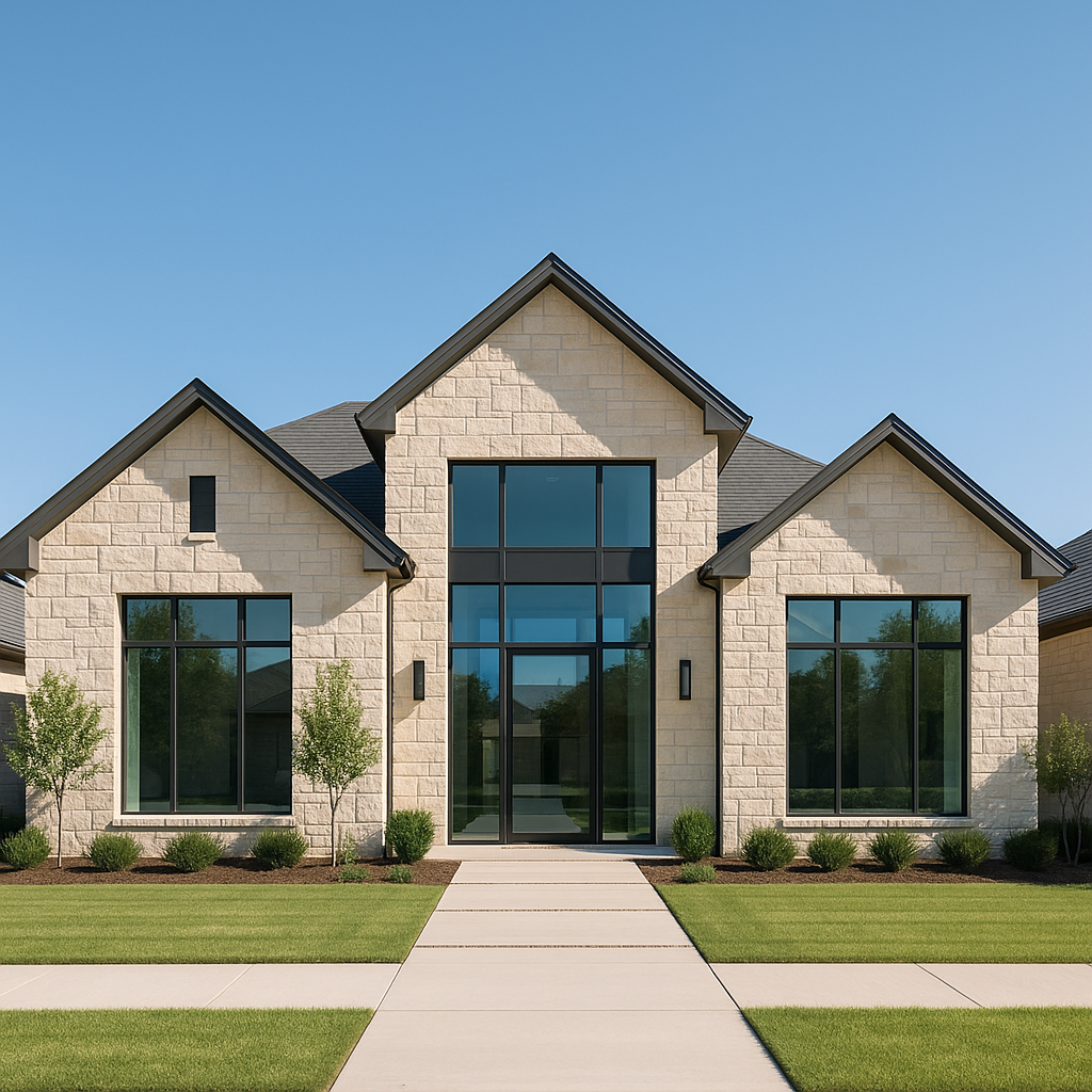 Exterior view of a modern Texas Panhandle home in Amarillo with limestone walls and glass windows highlighting clean architectural lines