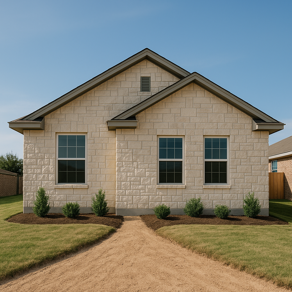 Wide-angle view of a Texas Panhandle home with graded soil showing proper water drainage to spot foundation problems before inspection