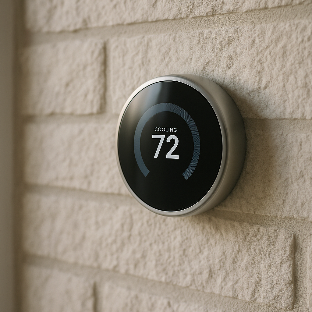 Smart thermostat on a wall representing home systems and careful evaluation