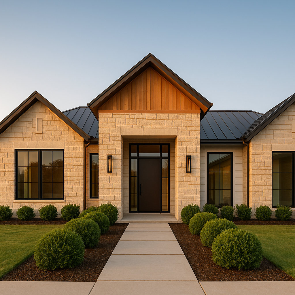 Wide-angle view of a modern Texas limestone home with manicured shrubs and white oak accents, illustrating a well-managed property at golden hour