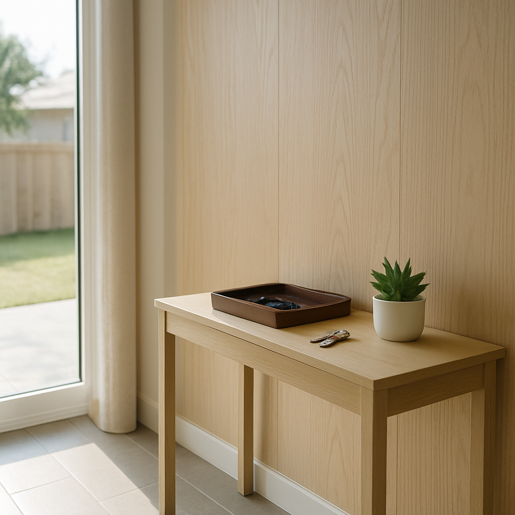 Sunlit minimalist entryway with keys and organized console