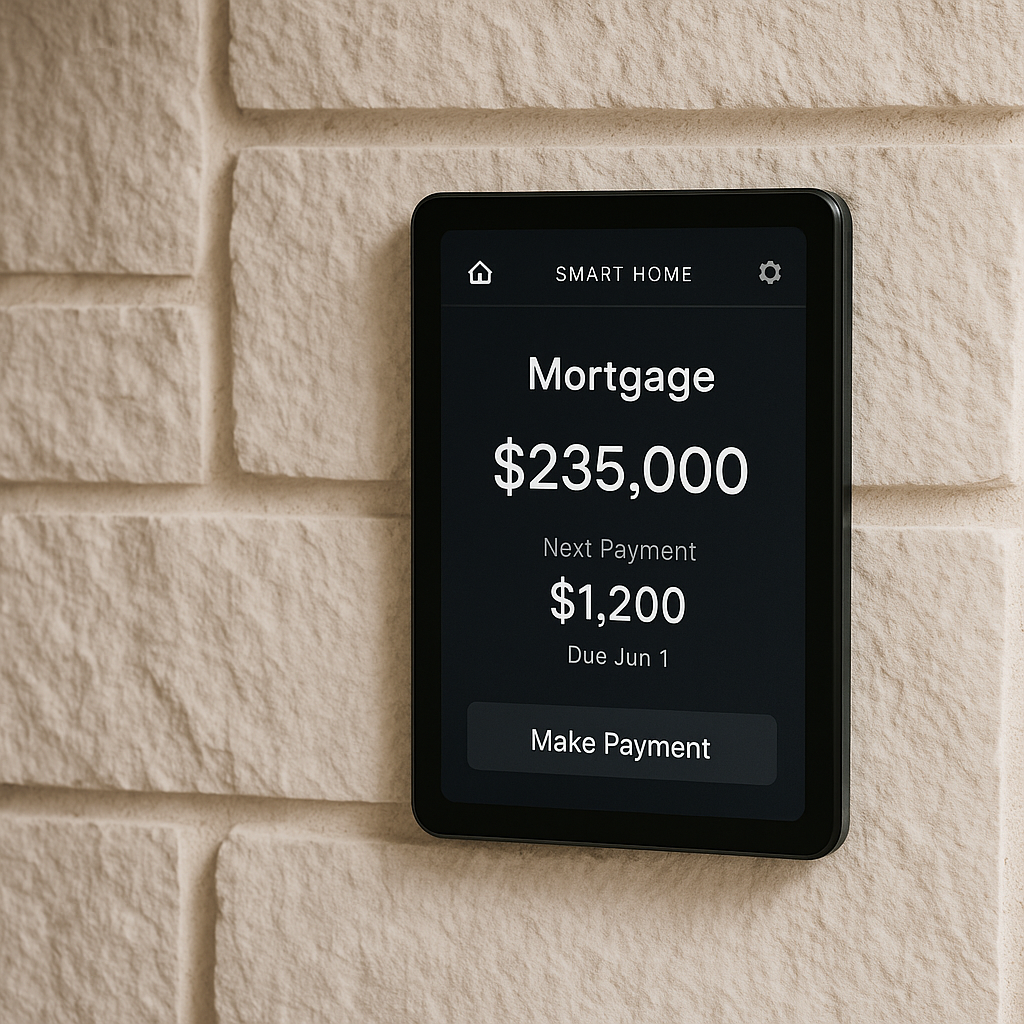 Smart-home touchscreen showing mortgage and payment information