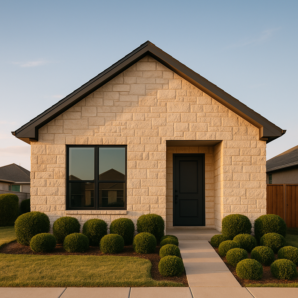 Exterior view of a Texas Panhandle rental home with limestone walls and large windows, highlighting well-maintained landscaping at golden hour