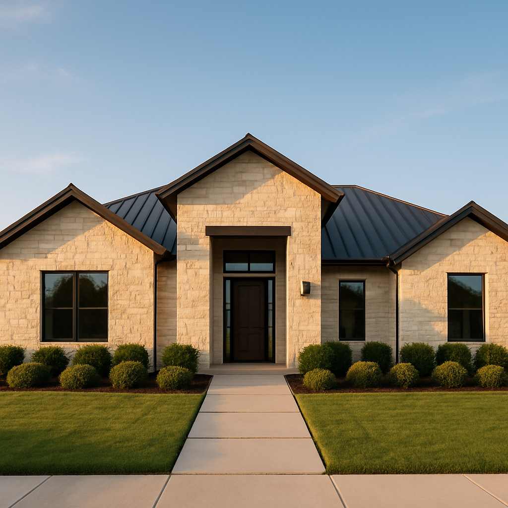 Wide-angle view of a modern Texas Panhandle home with limestone and steel, surrounded by symmetrical landscaping in golden hour light