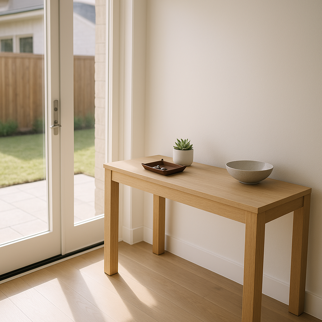 Minimalist entryway with an organized console table suggesting ready-to-sell preparation