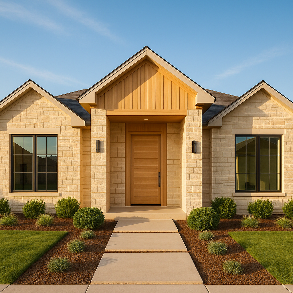 Wide-angle view of a modern Texas Panhandle home with limestone and white oak, showcasing precise architecture typical of Amarillo upscale neighborhoods