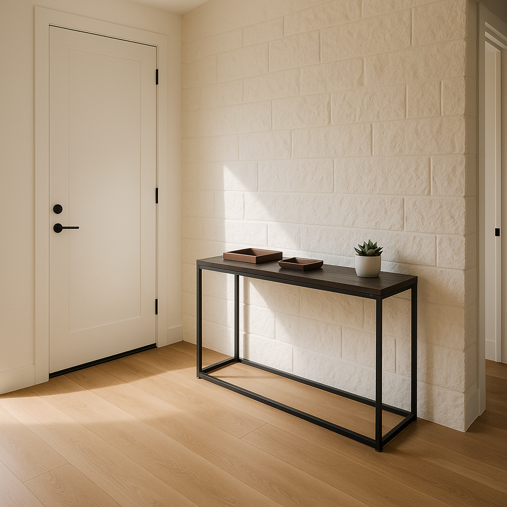 Minimalist sunlit entryway with organized console table in a Texas home