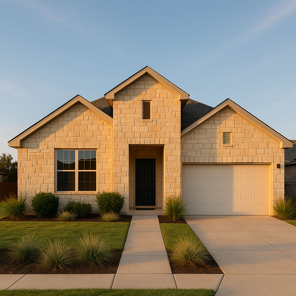 Wide-angle exterior of a modern Texas Panhandle rental home with limestone facade and neat native landscaping under golden hour skies showcasing curb appeal