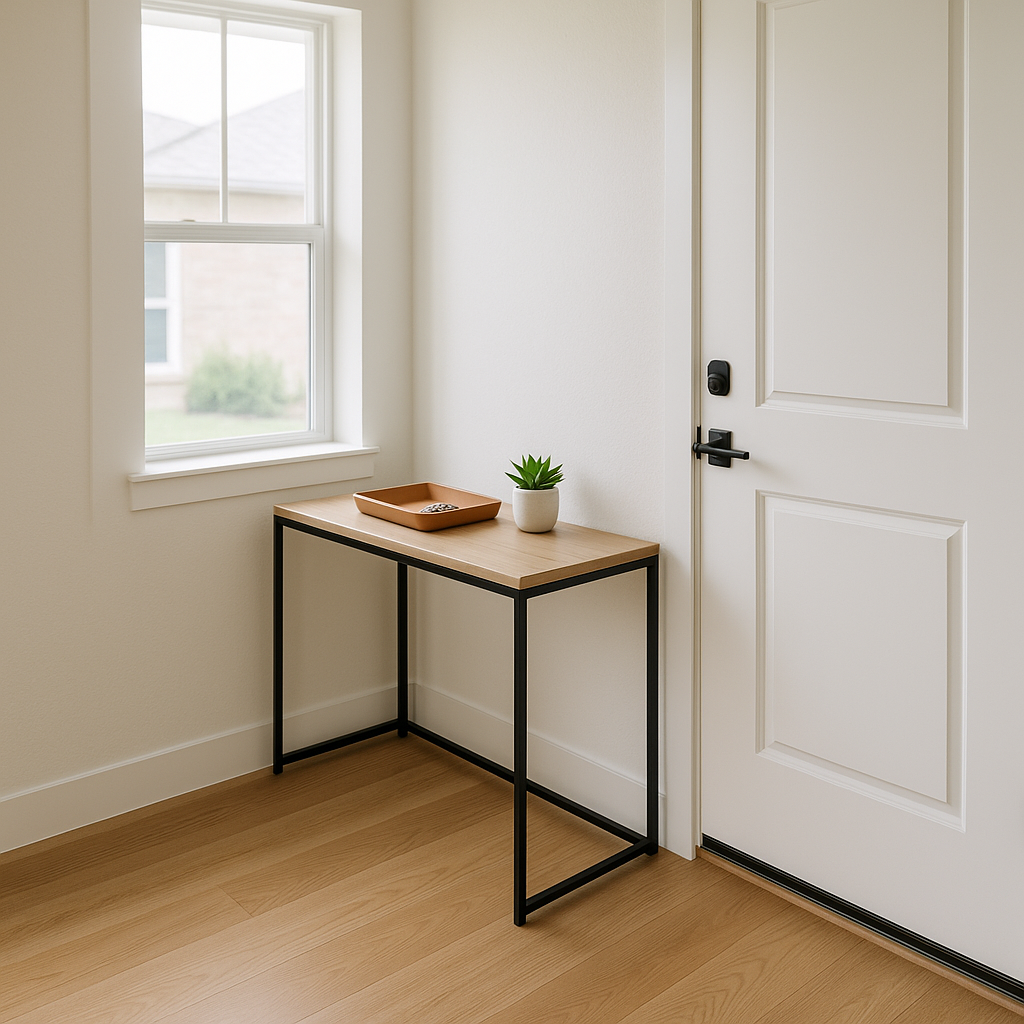 Bright minimalist rental entryway staged for move-in with organized keys