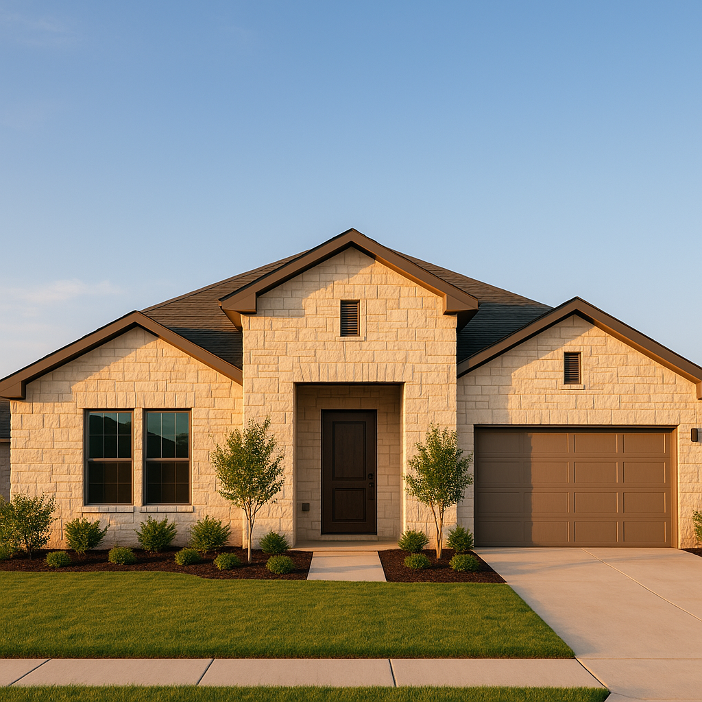 Wide-angle view of a modern Texas Panhandle rental with limestone facade and symmetrical landscaping under a clear sky at golden hour showcasing durability features