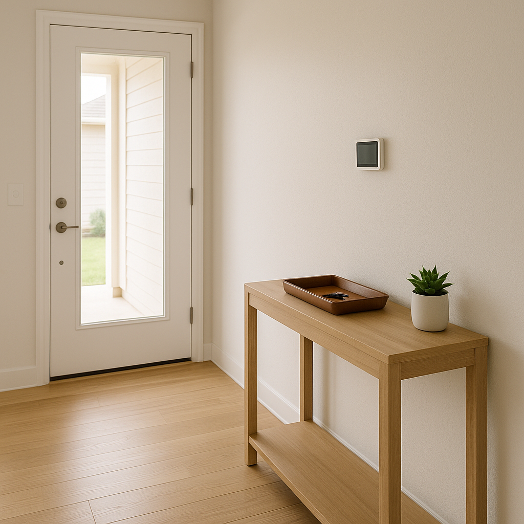 Minimalist entryway with smart-home controls in a Texas rental