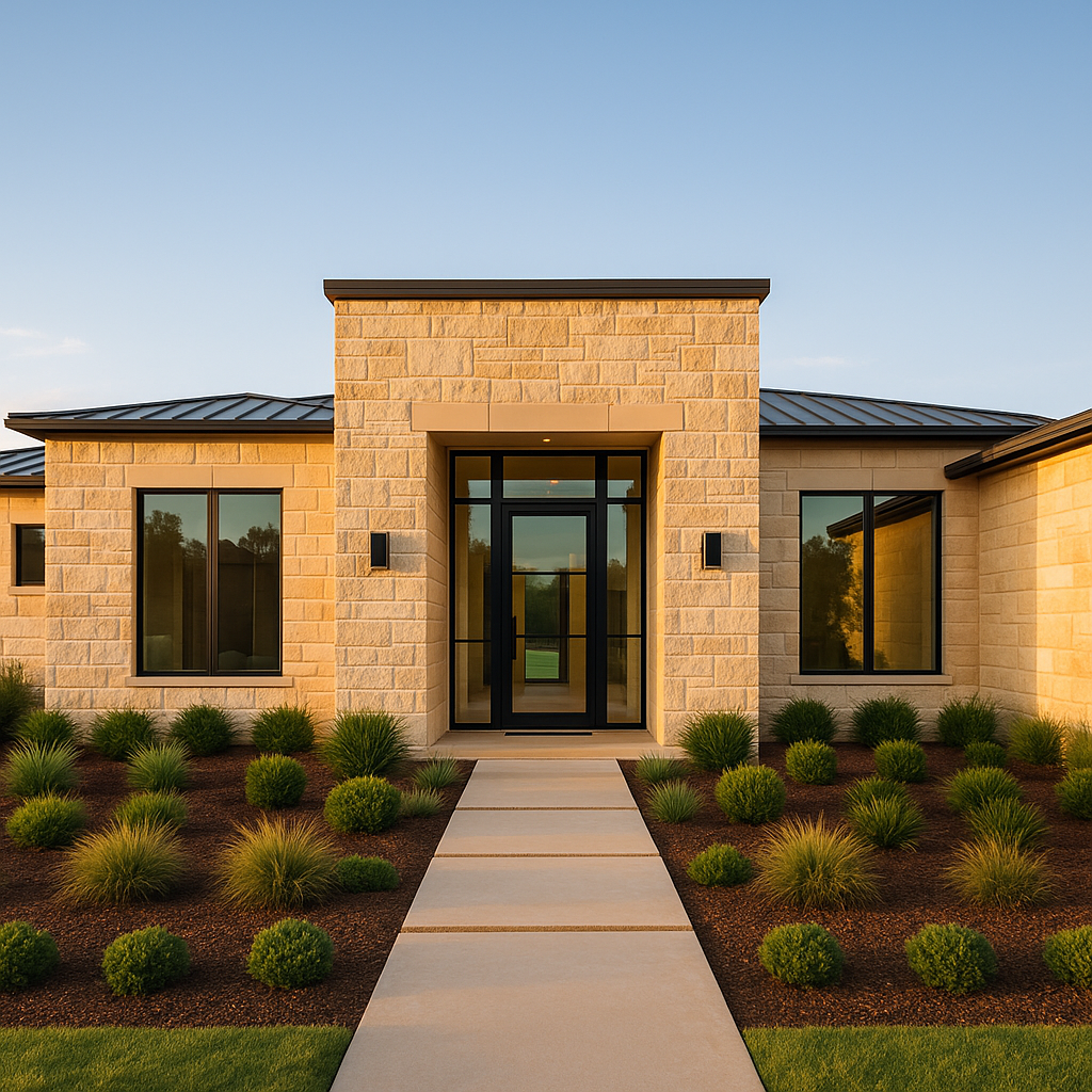 Wide-angle view of a modern Texas home with limestone facades and symmetrical landscaping showcasing high-end residential property management in Amarillo