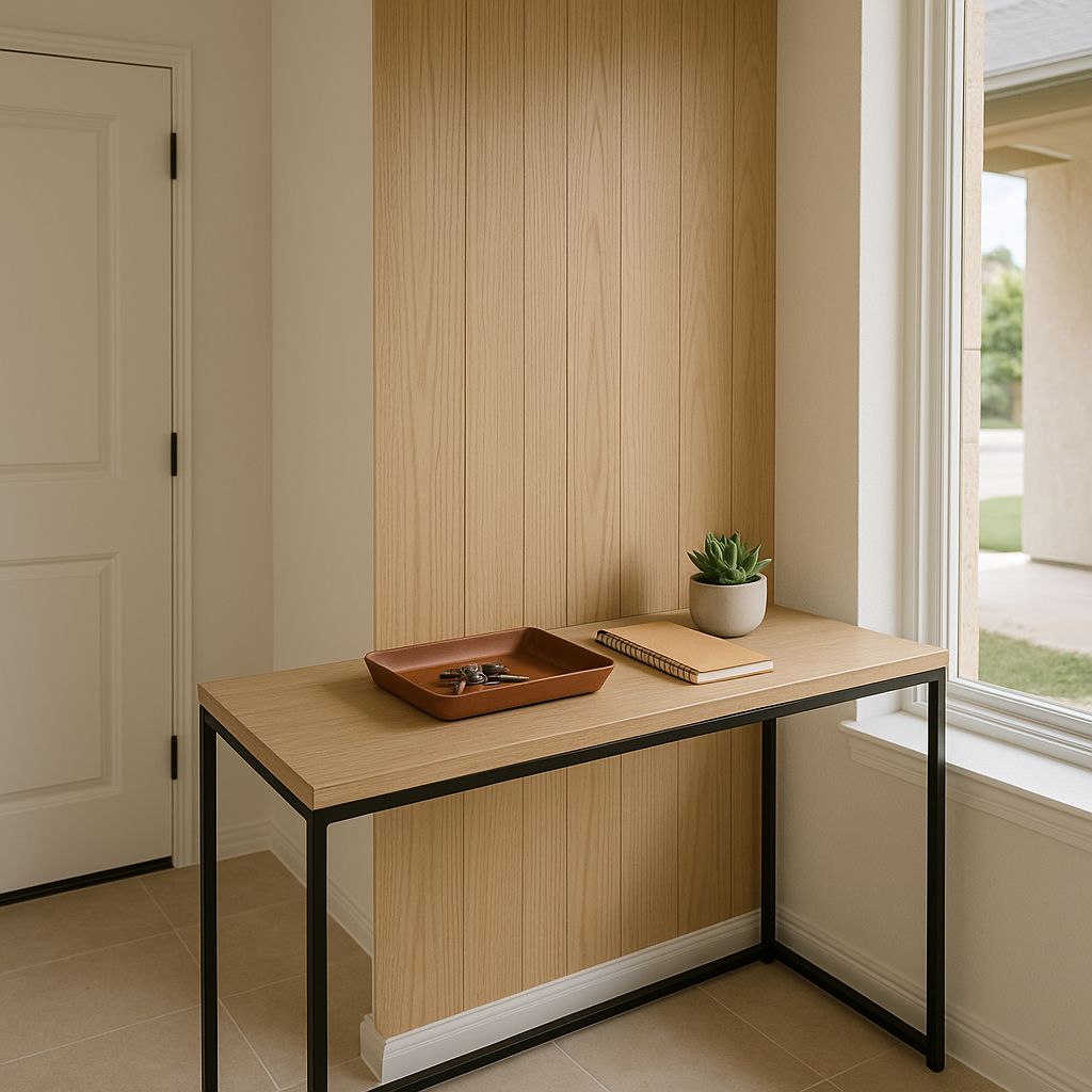 Minimalist entryway with organized keys and notebook