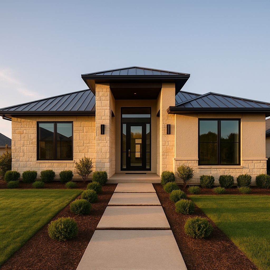 Wide-angle view of a modern Texas home in Amarillo with limestone, steel accents, and symmetrical landscaping during golden hour showcasing efficient systems