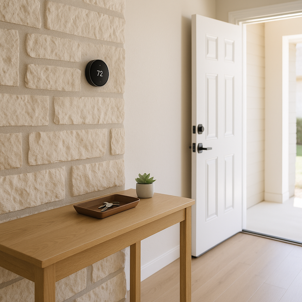 Sunlit, minimalist entryway with tidy console and smart thermostat