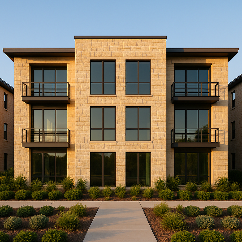 Wide-angle view of a modern limestone rental property with symmetrical landscaping and large glass windows in Texas Panhandle golden hour light