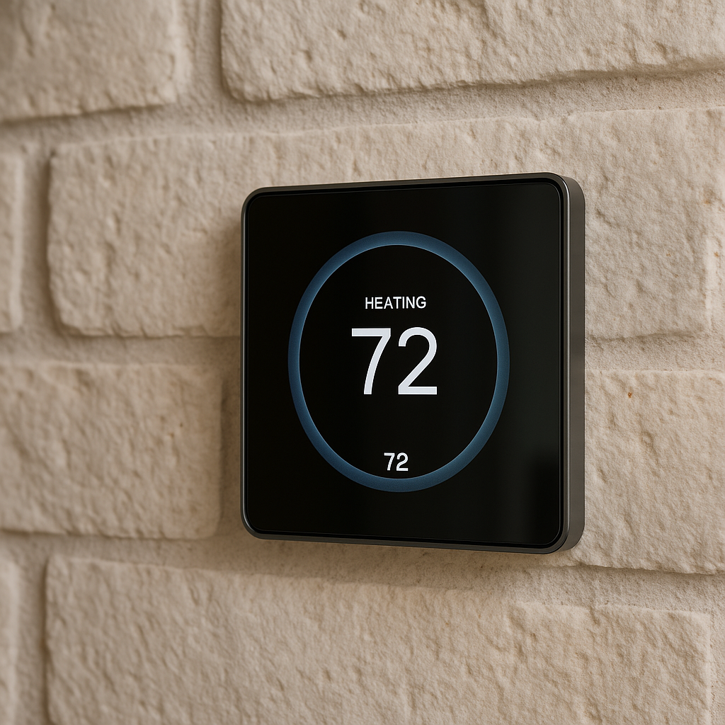 Smart-home thermostat detail representing operational control in a rental property