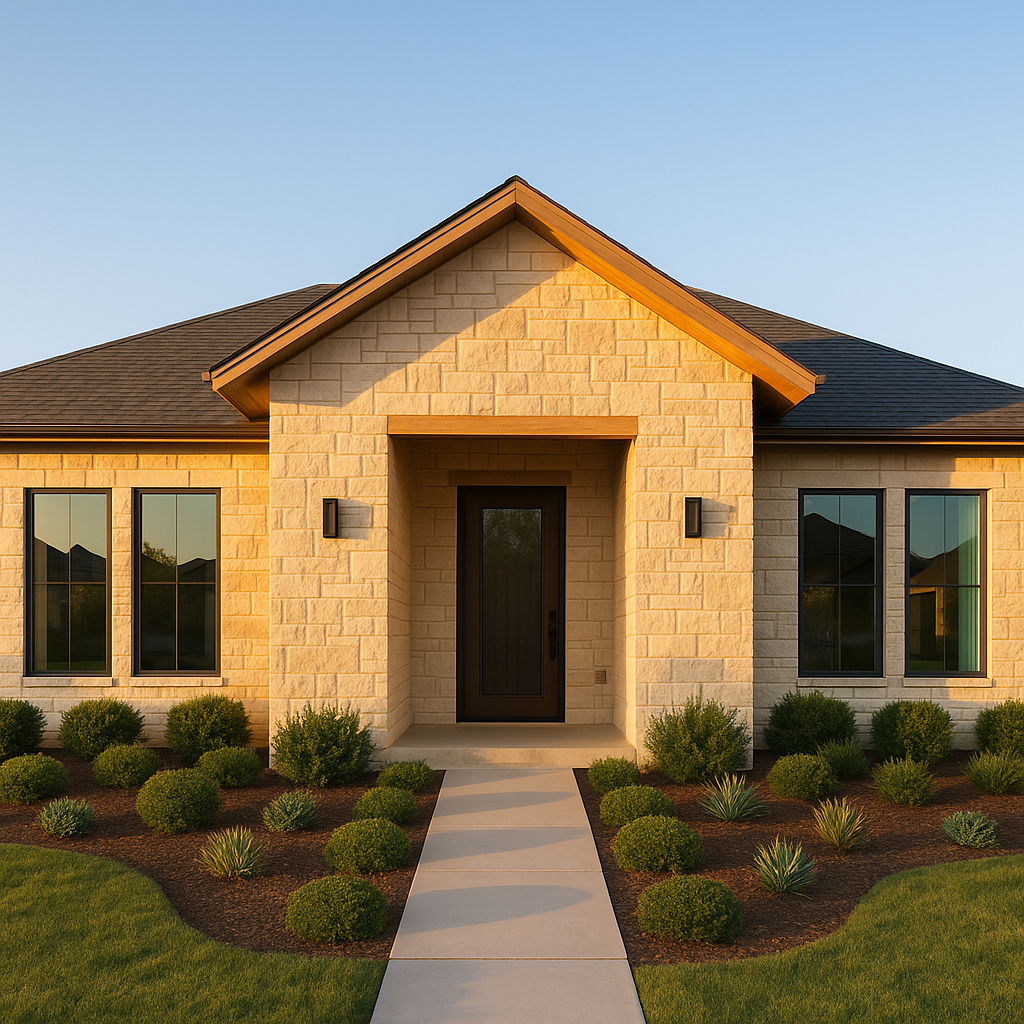 Wide-angle view of a modern Texas limestone home in Amarillo with minimalist architecture and symmetrical landscaping in golden hour light