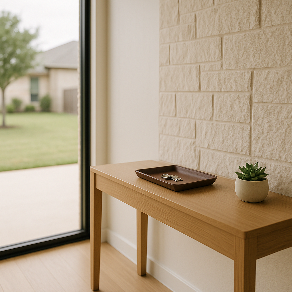 Minimalist entryway with organized console table and natural light