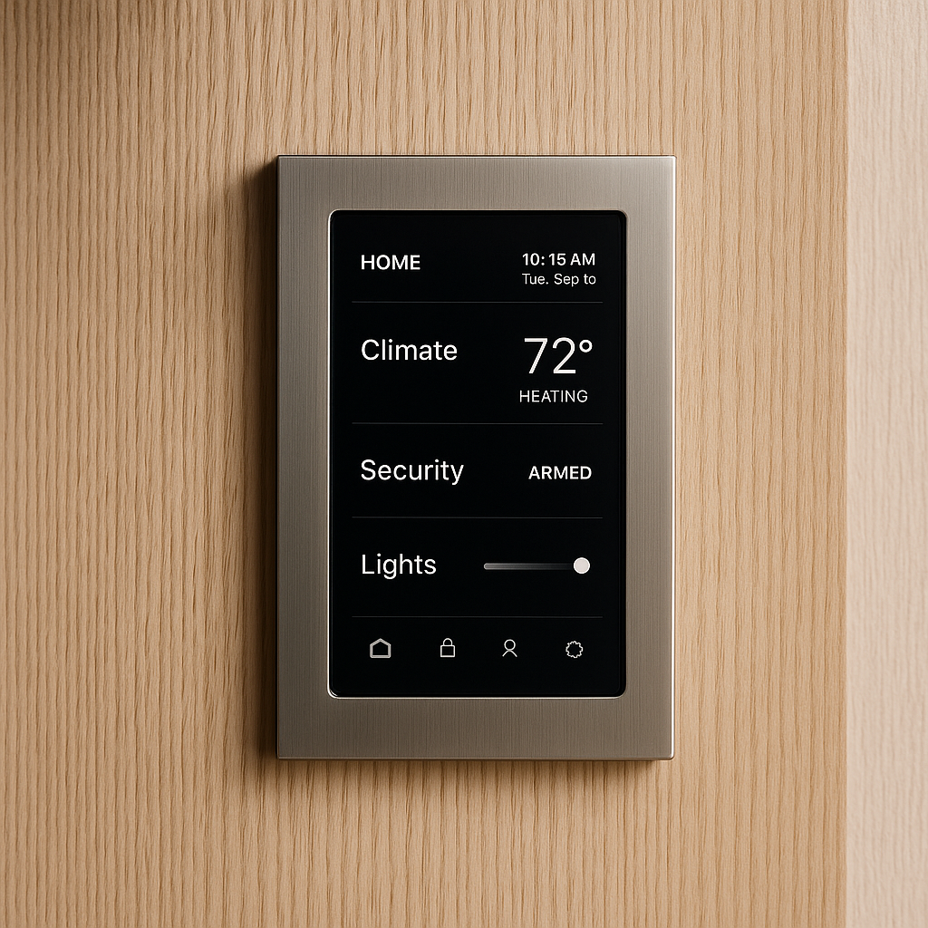 Smart home control panel integrated into a white oak wall