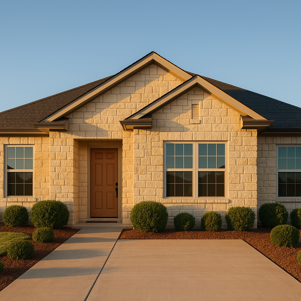 Wide exterior of a modern Texas limestone home in Amarillo with trimmed shrubs and fresh mulch showcasing curb appeal for remodeling projects that boost your sale
