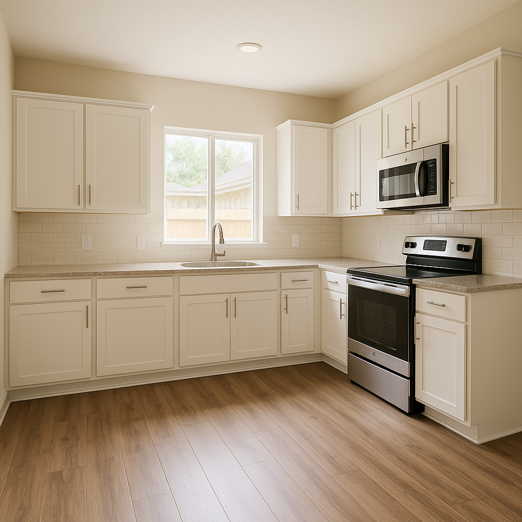 Bright neutral kitchen with painted cabinets, updated hardware, and consistent flooring