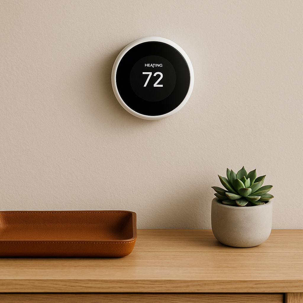 Smart thermostat on a light greige wall showing subtle modern upgrades