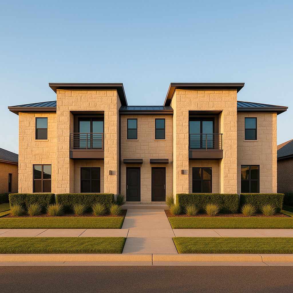 Wide-angle exterior of a modern small multifamily property in Texas with limestone facade and symmetrical landscaping at golden hour