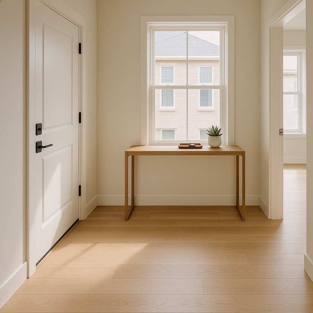 Sunlit duplex entryway with organized, move-in-ready interior
