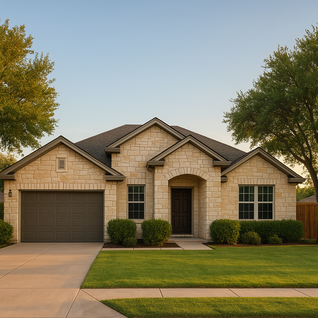 Wide-angle view of a modern Texas Panhandle resale home with limestone facade and mature landscaping showcasing resale seller advantages
