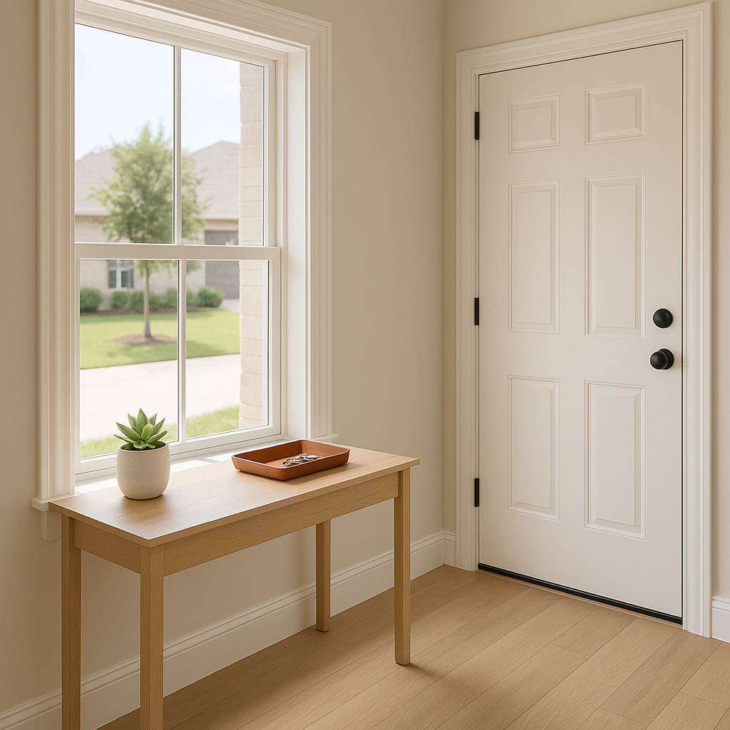Sunlit resale home entryway staged for a clean, move-in-ready feel