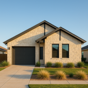 Modern beige stone house with a dark gray double garage door and a manicured front yard.