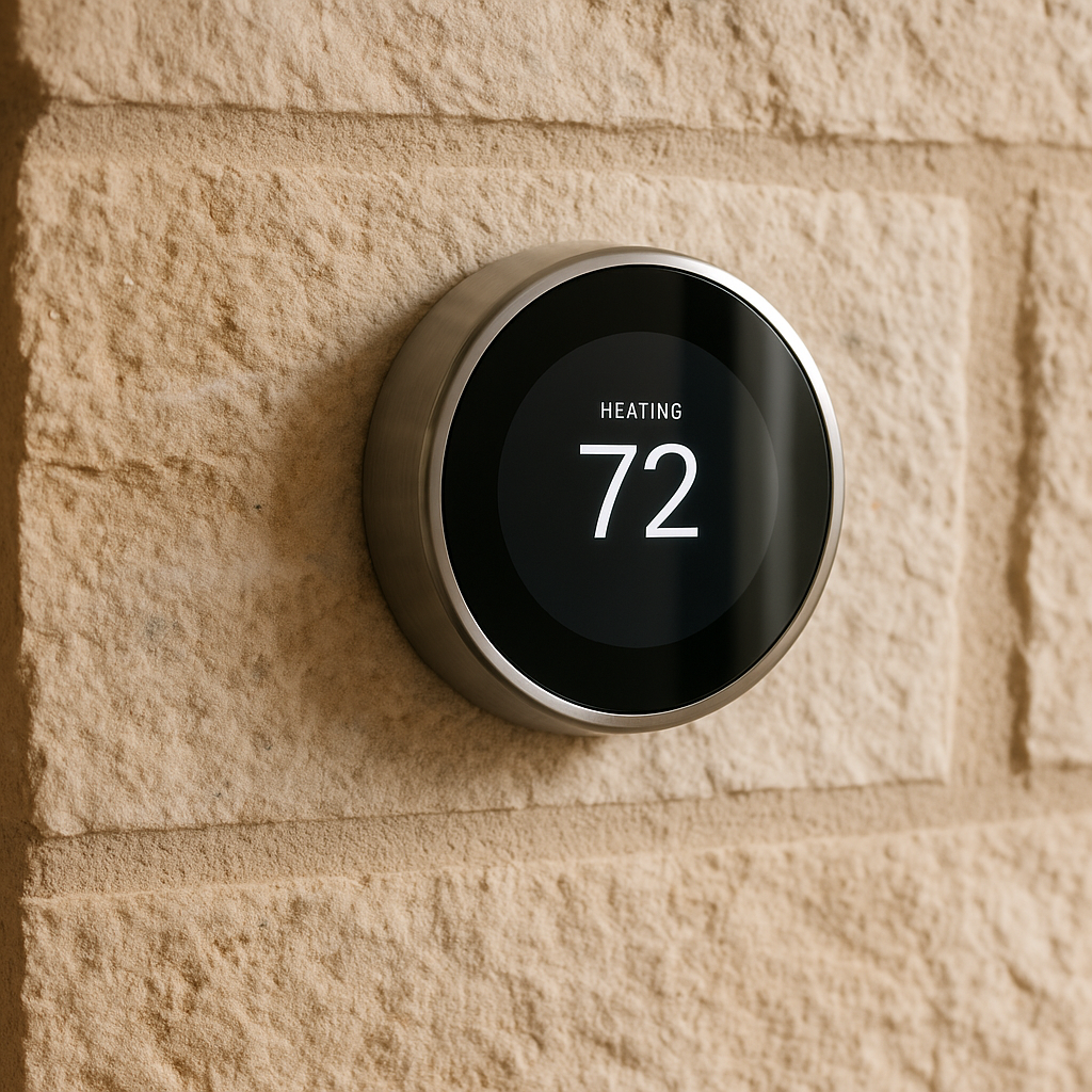 Smart-home thermostat on a wall in a Texas rental property