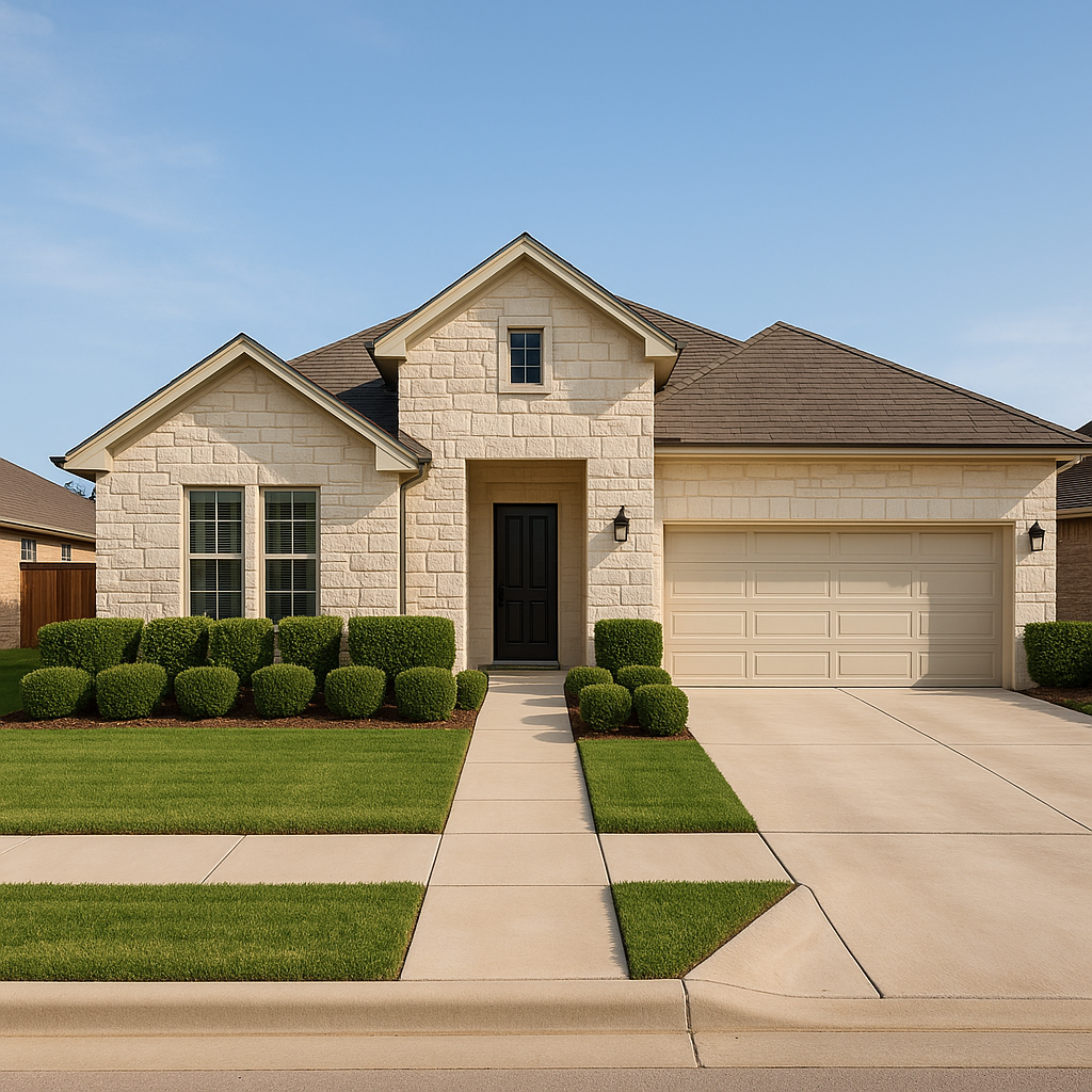Wide-angle view of a modern Texas Panhandle home with limestone exterior and symmetrical landscaping under a clear blue sky during late morning light