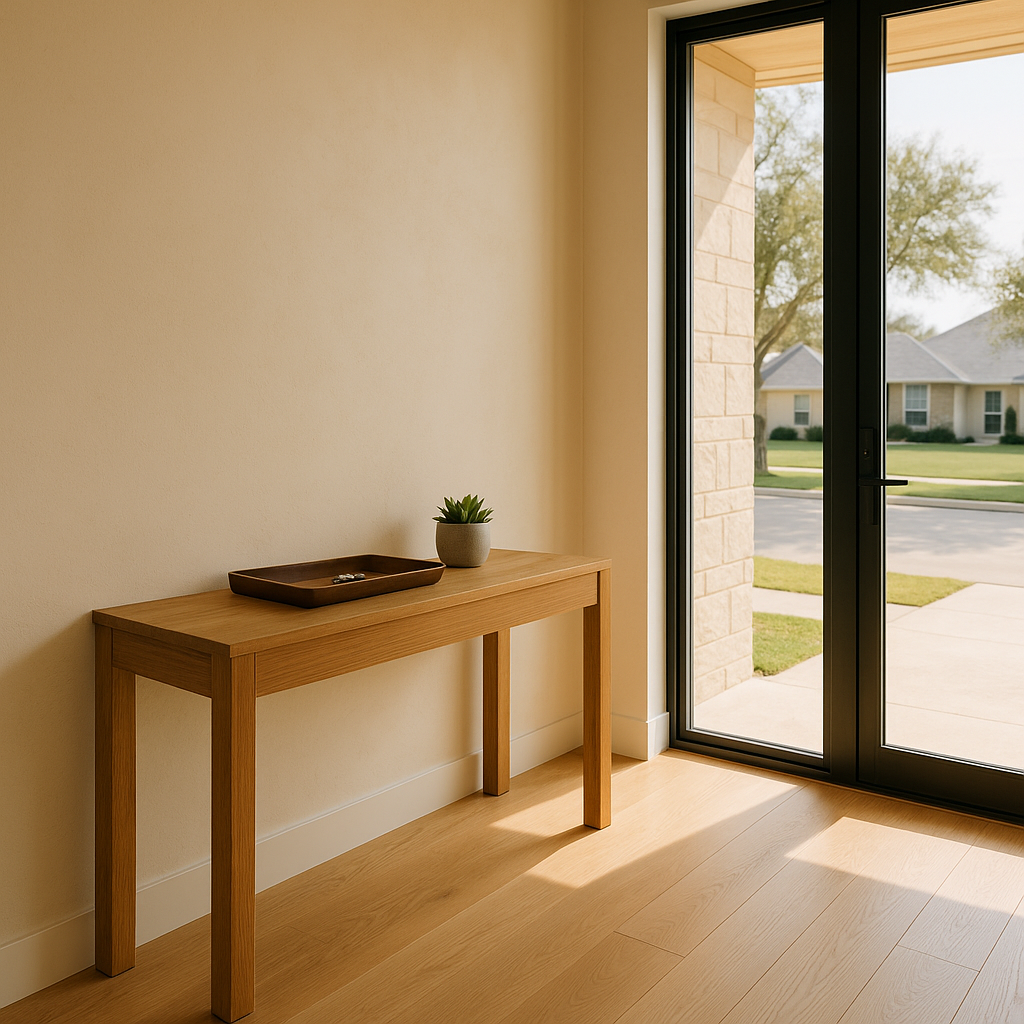 Minimalist sunlit entryway with organized console table and keys