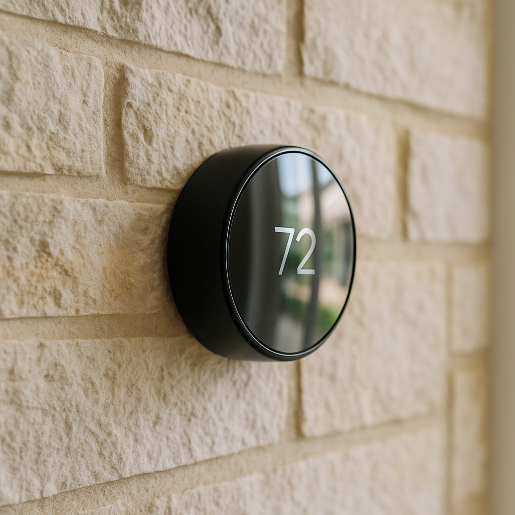 Smart thermostat on textured limestone wall highlighting home systems